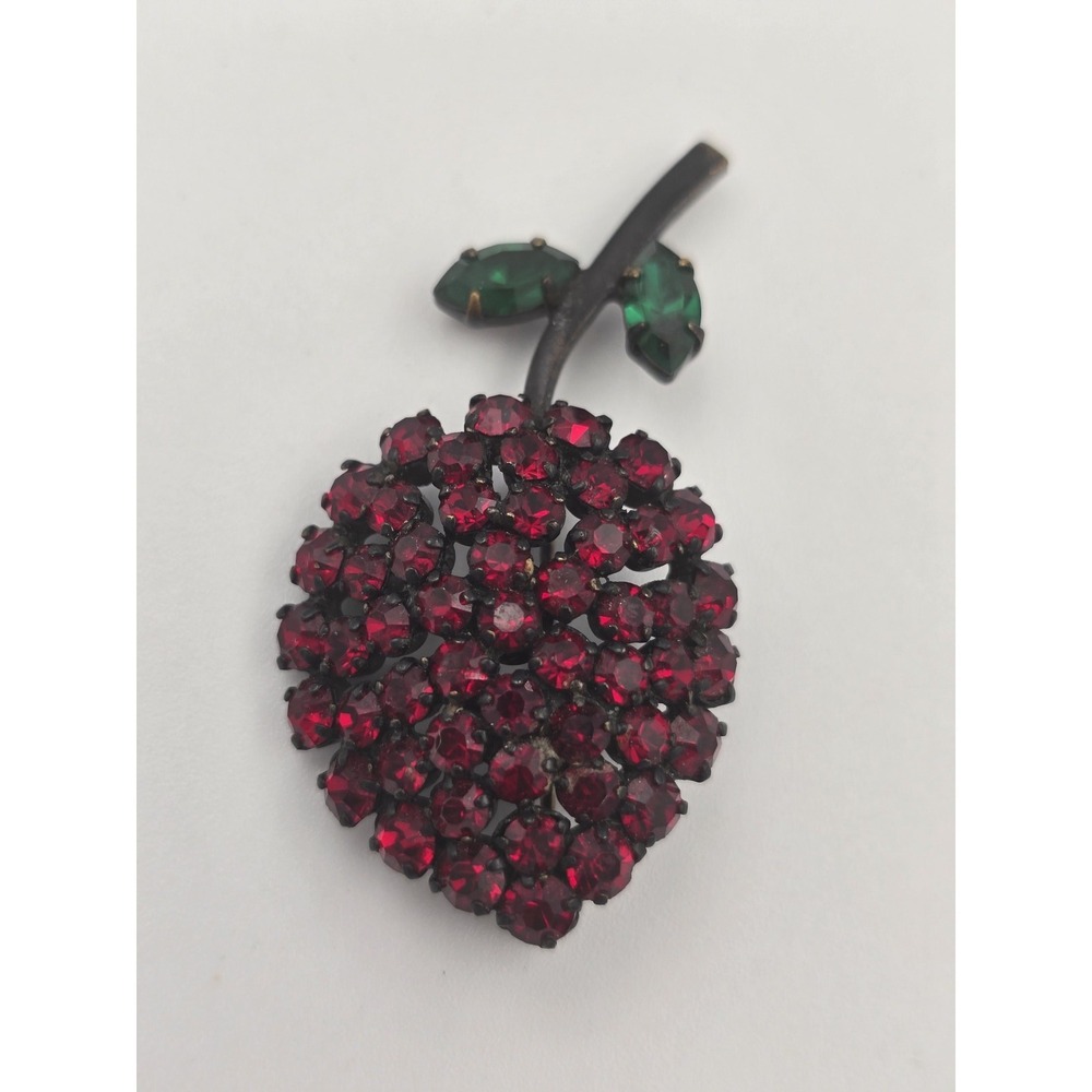 Vintage‎ Austria Red Rhinestone Berry Fruit Brooch Pin Green Leaves Japanned